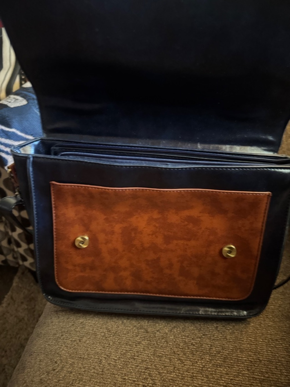 Blue and Brown Leather-Accent Bag with Bow Detail it is blue and brown, - Picture 3 of 8